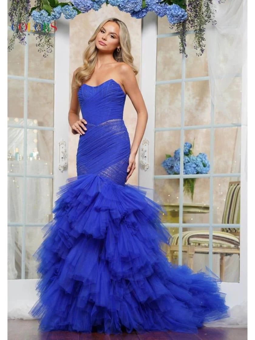 Colors Dress 3631 Long Fitted Formal Mermaid Prom Dress Ruching Body Mermaid Gown