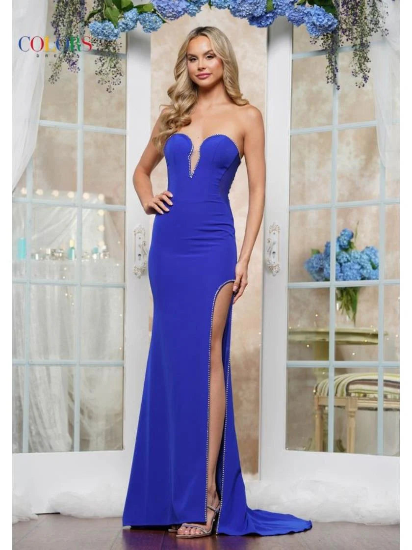 Colors Dress 3632 Scalloped Neck Stretch Crepe Fit & Flare Gown With