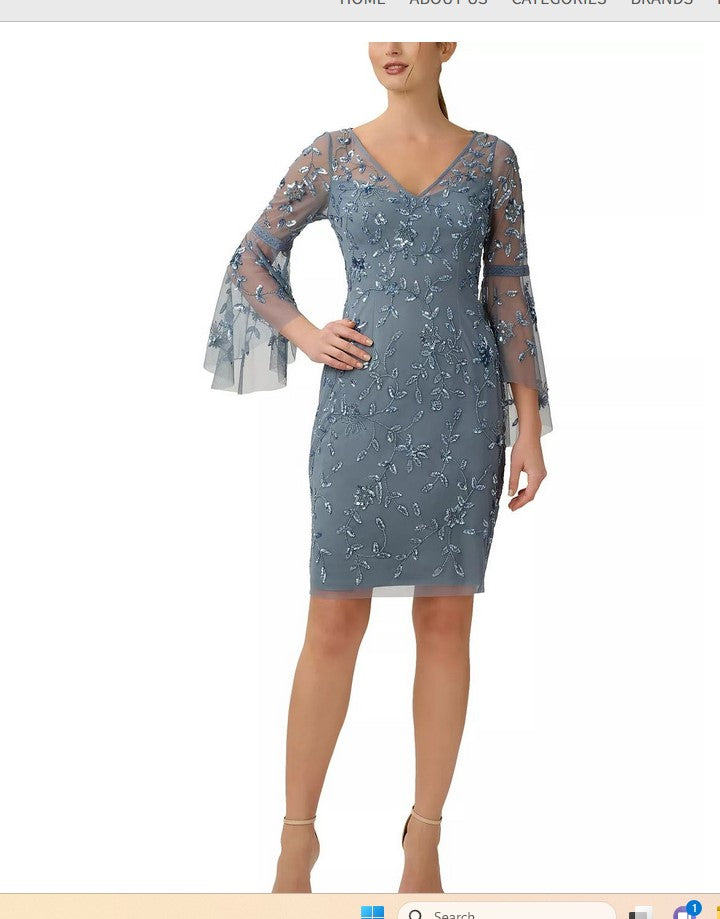 Adrianna Papell  Style No: AP1E210197 V-Neck Circular Sleeve Zipper Back Embellished Mesh Dress Adrianna Papell