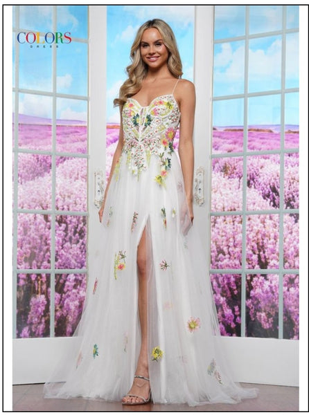Colors Dress 3582 Floral Lace Appliques Corset Gown With A-Lline Slit Skirt,