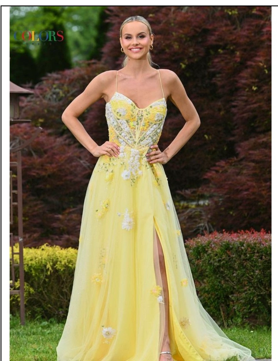 Colors Dress 3582 Floral Lace Appliques Corset Gown With A-Lline Slit Skirt,