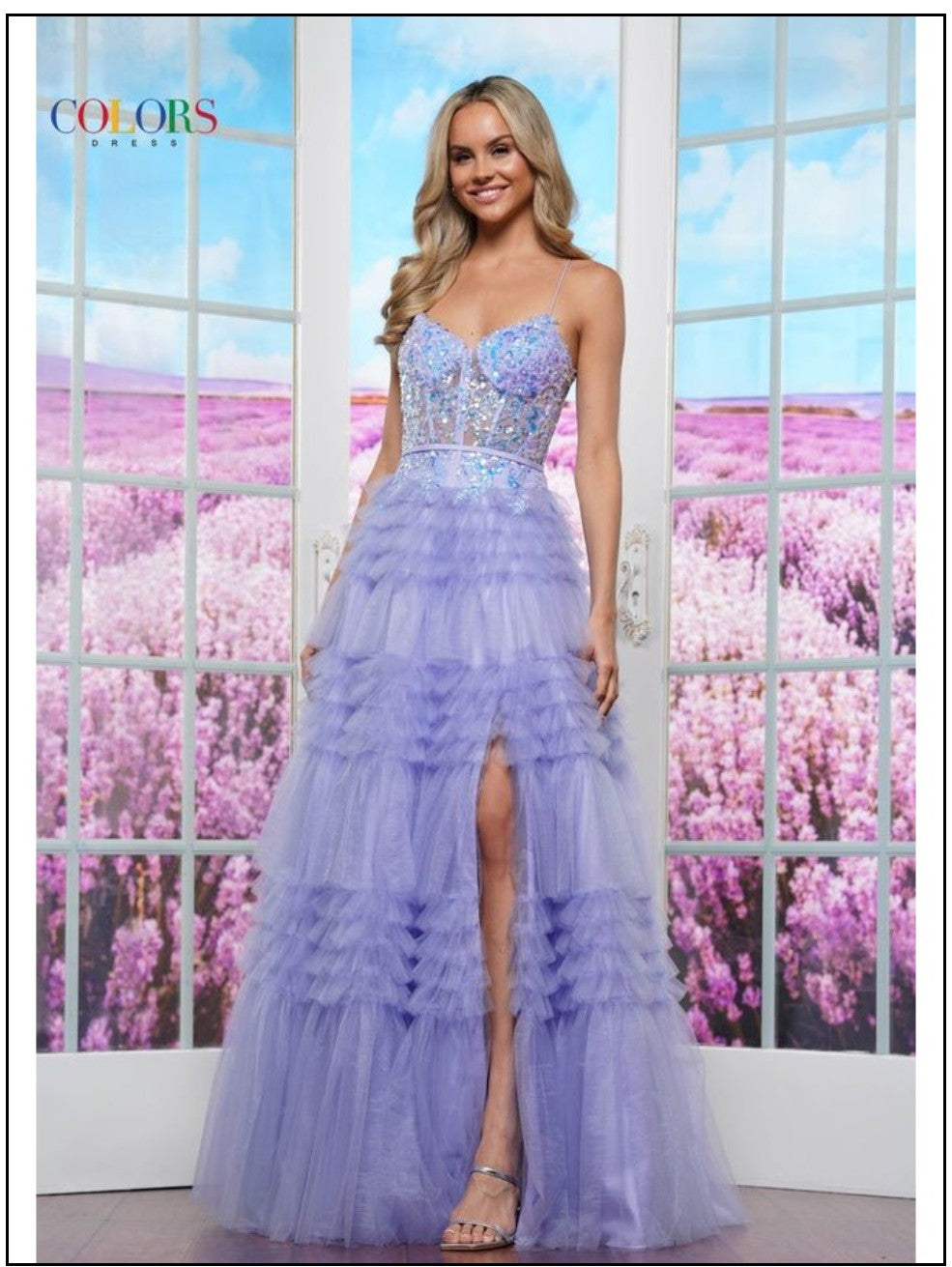 Colors Dress 3619 Embellished Illusion Corset Top And Ruffle Tier Skirt With