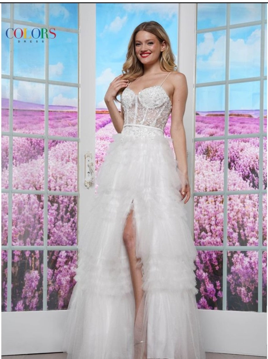 Colors Dress 3619 Embellished Illusion Corset Top And Ruffle Tier Skirt With