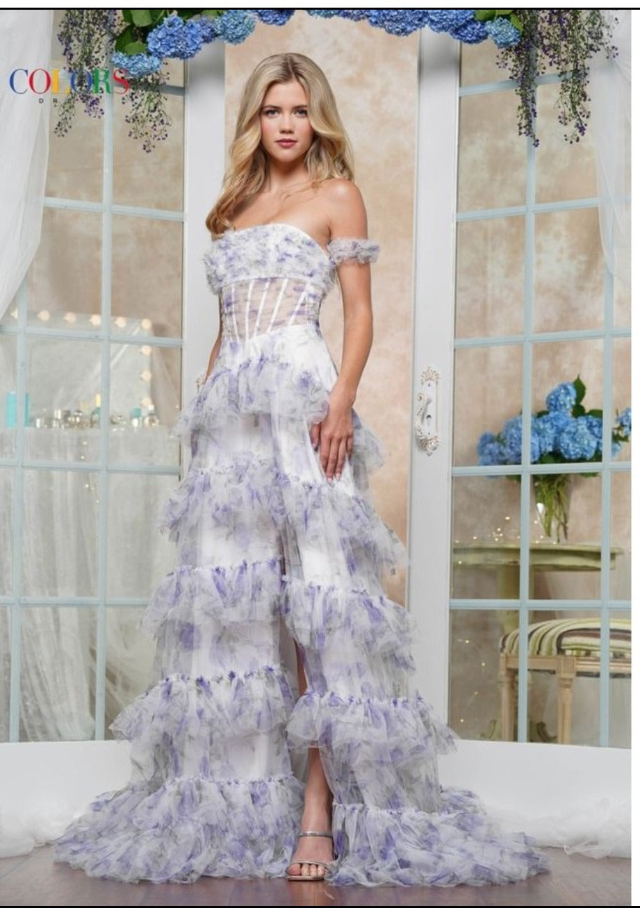 Colors Dress 3633 Floral Print Mesh A-Line Ruffle Skirt Whit Slit & Ruffle Top