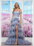 Colors Dress 3633 Floral Print Mesh A-Line Ruffle Skirt Whit Slit & Ruffle Top