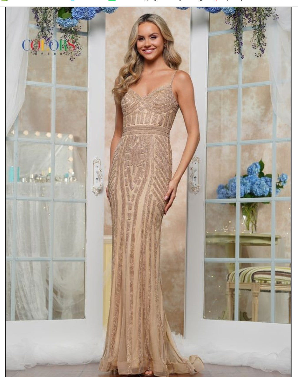 Colors Dress G664 46" Fit And Flair Mesh Dress With Stone Tape Decoration