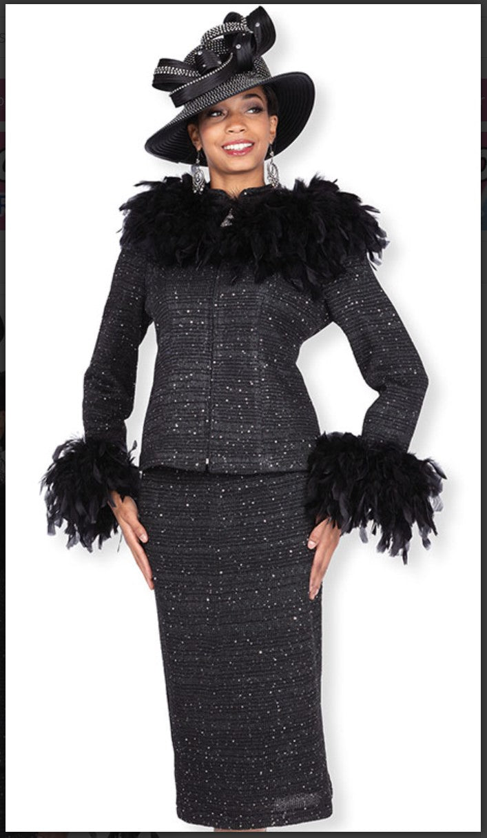 Elite Champagne 5980 2Pc Knit Skirt Suit with Feathers Embellishments on Jacket with Jeweled Buttons Closure Elite Champagne
