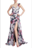 Badgley Mischka EG4089Beaded Floral One-Shoulder Front Slit Gown Badgley Mischka