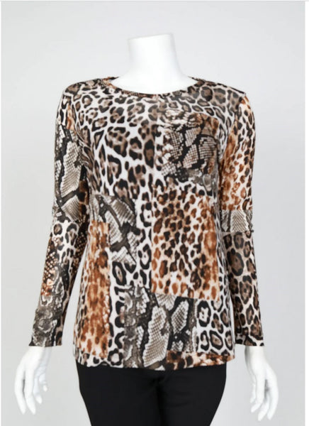 IC Collection 4537T Round Neck Long-Sleeve Print Mesh Top IC Collection