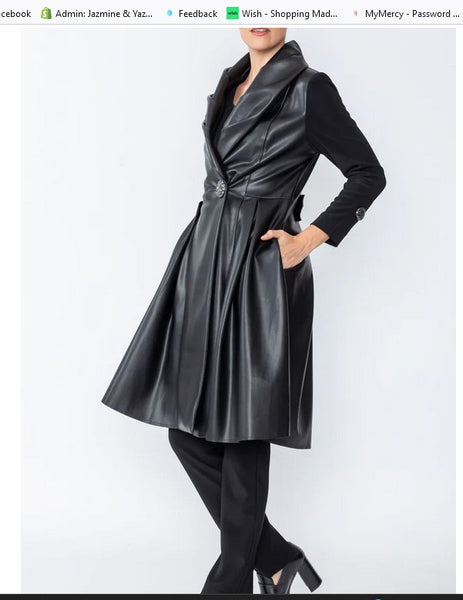 IC Collection 4603J 1PC Faux Leather Coat With Shawl Collar And Pleated Skirt IC Collection