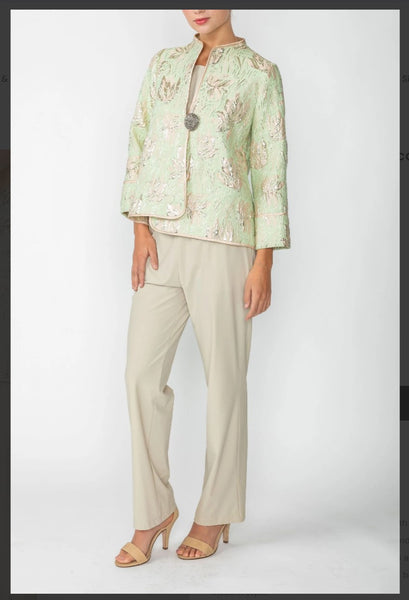 IC Collection 4678J Green One Button Front Jacquard Jacket Material: 65% Polyester, 20% Metallic, 15% Nylon. IC Collection