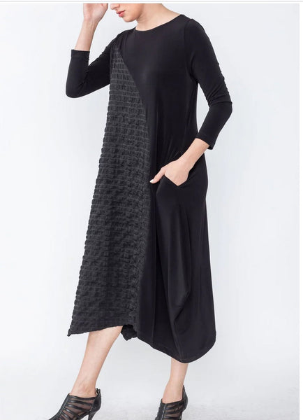 IC Collection 5814D  Ladies Long Sleeve Crew Neck Asymmetrical Textured Dress IC Collection