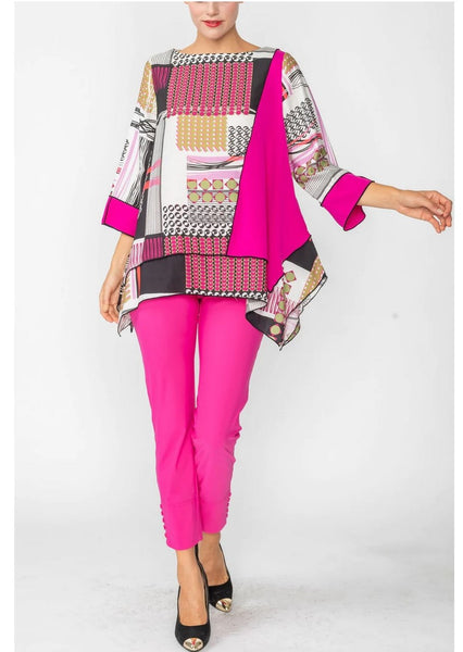 IC Collection 6077T 1PC 3/4 Length Sleeve Tunic DOT PATCHWORK PRINT BOAT NECK IC Collection