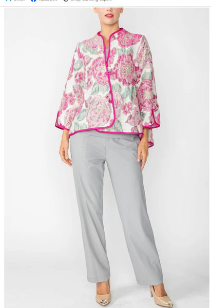 IC Collection 6097J EMBO JACQUARD COLLARLESS 3/4 SLV. ONE BUTTON JACKET IC Collection