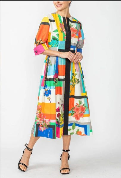 IC Collection 7005D  New Multi Color Gatter Contrast Dress 1/2 Sleeves. Zip-Front.