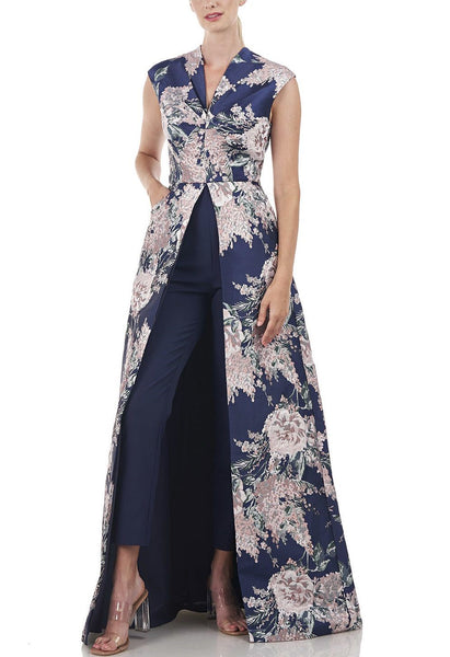 Kay Unger 5549265 V-Neck Cap Sleeve Skinny Leg Floral Luxe Jacquard Walk Thru Jumpsuit Kay Unger