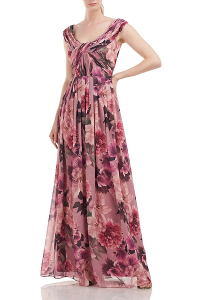 Kay Unger 5518984 Scoop Neck Cap Sleeve Floral Print Pleated Chiffon Dress Kay Unger