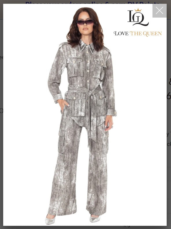 Love The Queen Style 17642 2PC Jacket & Pant Set Distressed Novelty Twilled Fabric