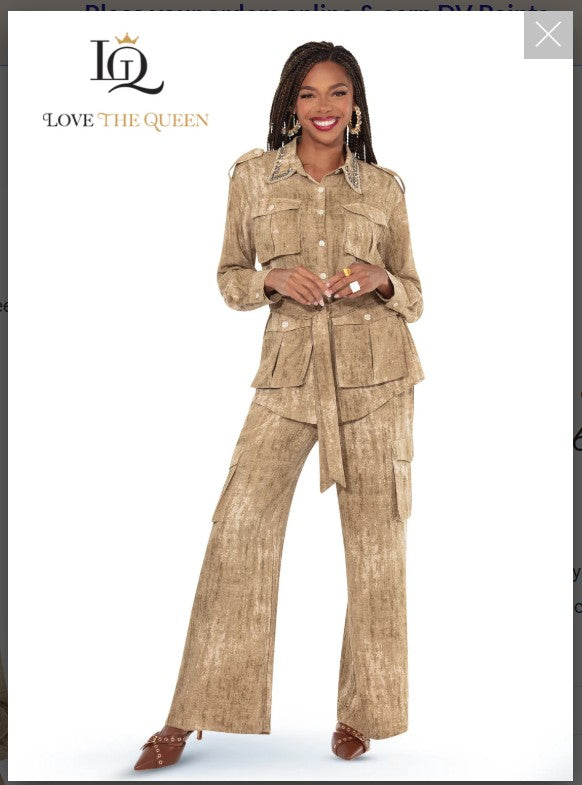 Love The Queen Style 17642 2PC Jacket & Pant Set Distressed Novelty Twilled Fabric