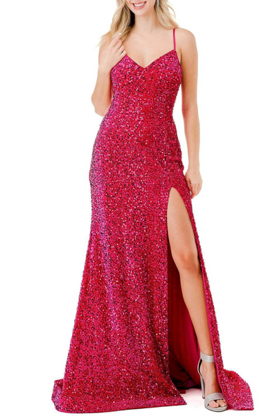 Aspeed D621 Sequined Spaghetti Strap Long Evening Dress