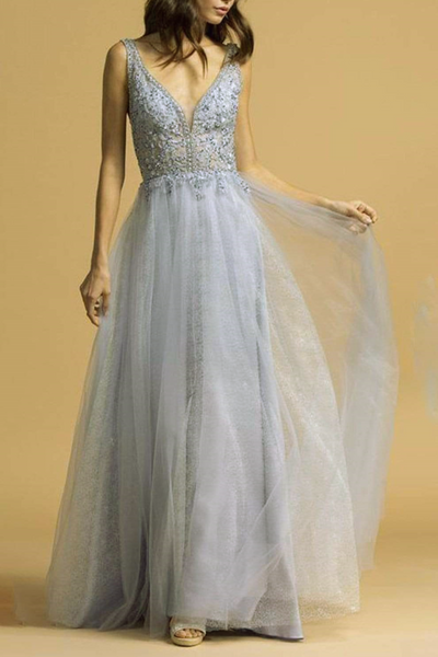 Aspeed L2179 Embellished V-Neck A-Line Evening Gown