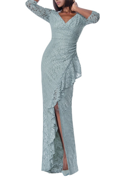 Aspeed Collection M3658-SAGE Pleated Waist Flutter Long Evening Dress