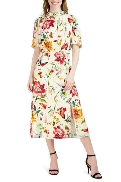 Julia Jordan Style No: JJ38776  Floral Mock Neck Linen Dress Julia Jordan Dresses