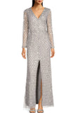 Aidan Mattox MD1E207720  Sequined V-neck Long Sleeve Slit Front Zipper Back Mesh Gown Aidan Mattox