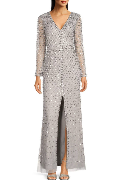 Aidan Mattox MD1E207720  Sequined V-neck Long Sleeve Slit Front Zipper Back Mesh Gown Aidan Mattox