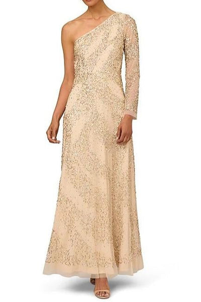 Aidan Mattox MD1E208423 Beaded One Shoulder Long Sleeve A-Line Gown Aidan Mattox
