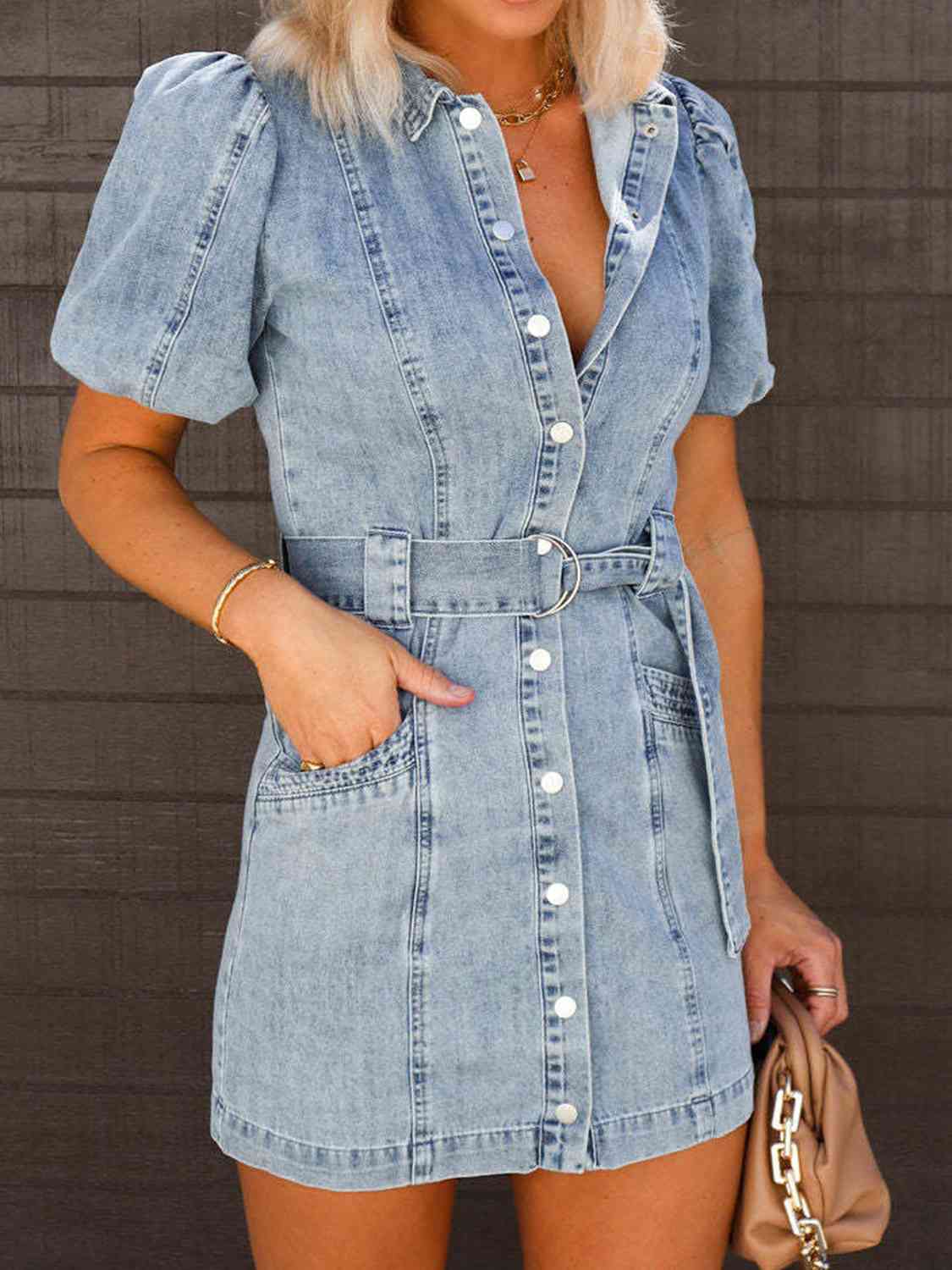 Puff Sleeve Button Up Mini Denim Dress Trendsi