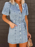 Puff Sleeve Button Up Mini Denim Dress Trendsi