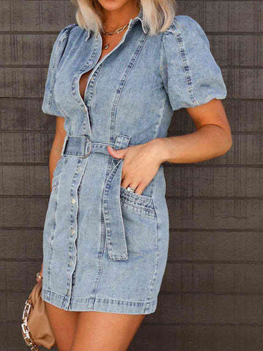 Puff Sleeve Button Up Mini Denim Dress Trendsi