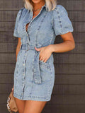 Puff Sleeve Button Up Mini Denim Dress Trendsi