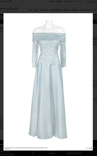 Cachet 59205 Off Shoulder Long Sleeve Scalloped Hem Zipper Back Popover Lace Satin Dress Cachet