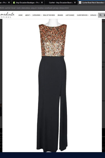 Cachet 59644 Boat Neck Sleeveless Sequin Bodice Cowlback Jersey Dress Cachet