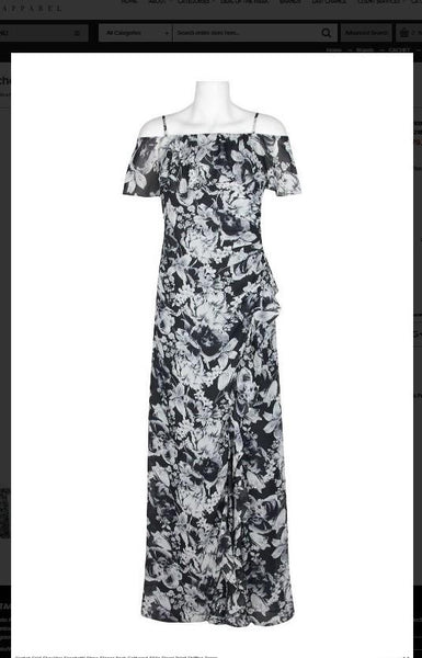 Cachet  59689 Cold Shoulder Spaghetti Strap Ripper Back Gathered Slide Floral Prinf Chiffon Dress Cachet