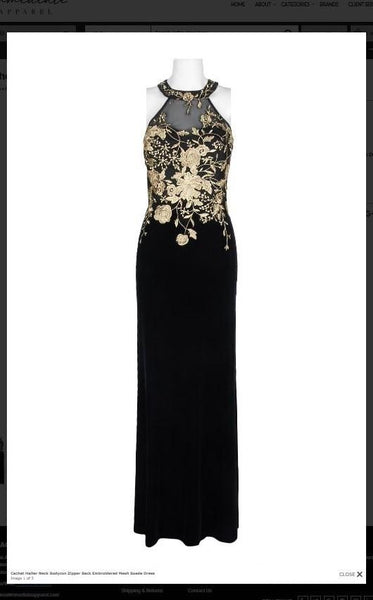 Cachet 59820 Halter Neck Bodycon Zipper Back Embroidered Mesh Suede Dress Cachet