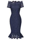 GRACE KARIN Retro Floral Lace Boat Neck Short Sleeve Mermaid Slim Pencil Dress - Jazmine & Yazmine Designer Boutique