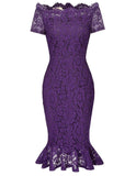 GRACE KARIN Retro Floral Lace Boat Neck Short Sleeve Mermaid Slim Pencil Dress - Jazmine & Yazmine Designer Boutique
