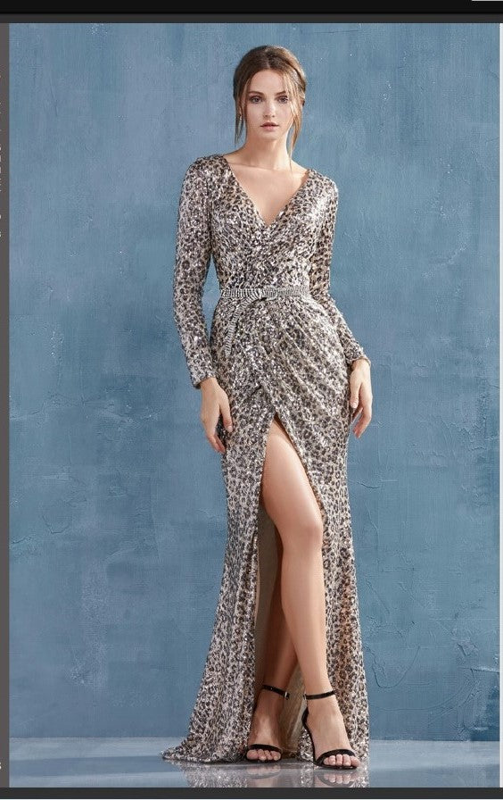 Andrea & Leo Couture A0938B Karina Gown Leopard Long Sleeved Ruched Sequined Sheath Andrea & Leo Couture