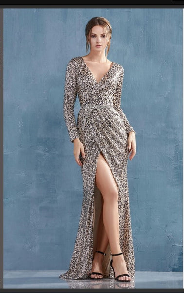 Andrea & Leo Couture A0938B Karina Gown Leopard Long Sleeved Ruched Sequined Sheath Andrea & Leo Couture
