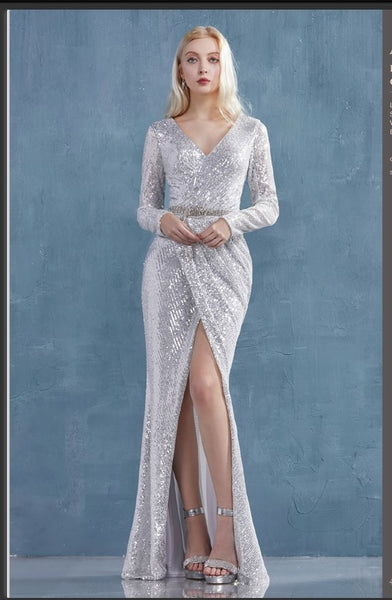 Andrea & Leo Couture A0938 Lydia Gown Long Sleeved Ruched Sequined Sheath Andrea & Leo Couture