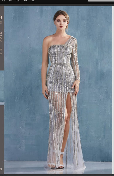 Andrea & Leo Couture A0993 Modern One Sleeve Fully Beaded Gown Andrea & Leo Couture