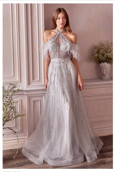 Andrea & Leo Couture A1023 Anastasia Feather Gown Swathed In Crystals And Silver Beads Andrea & Leo Couture