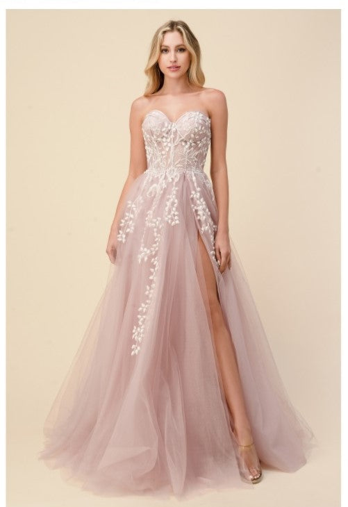 Andrea & Leo Couture A1029 Corset Strapless Floral Applique A-Line Gown Andrea & Leo Couture