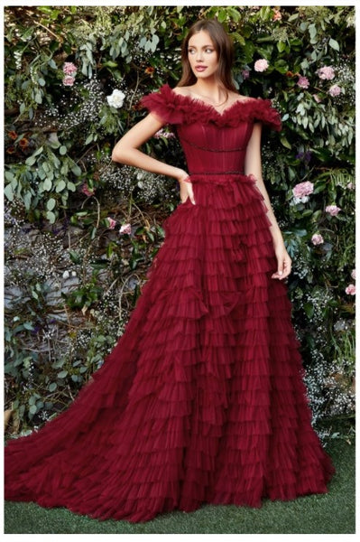 Andrea & Leo Couture A1032 Rouge Tulle Gown This Gown Features Ruffle Off Shoulder Detail Andrea & Leo Couture