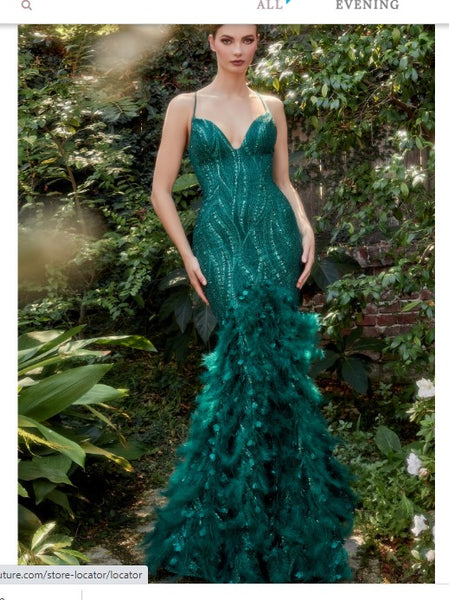 Andrea & Leo Couture A1171 Emerald Dust Feather Mermaid Gown Andrea & Leo Couture