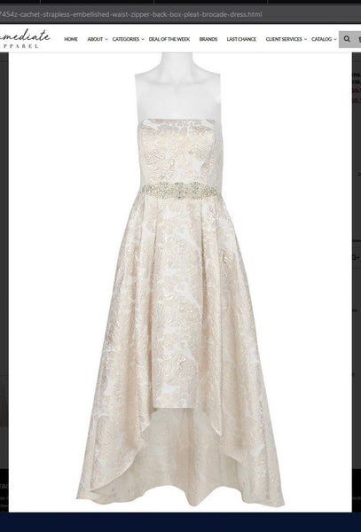 Cachet 57454Z  Strapless Embellished Waist Zipper Back Box Pleat Brocade Dress Cachet