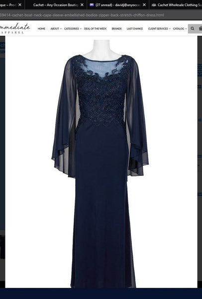 Cachet 59414 Boat Neck Cape Sleeve Embellished Bodice Zipper Back Stretch Chiffon Dress Cachet